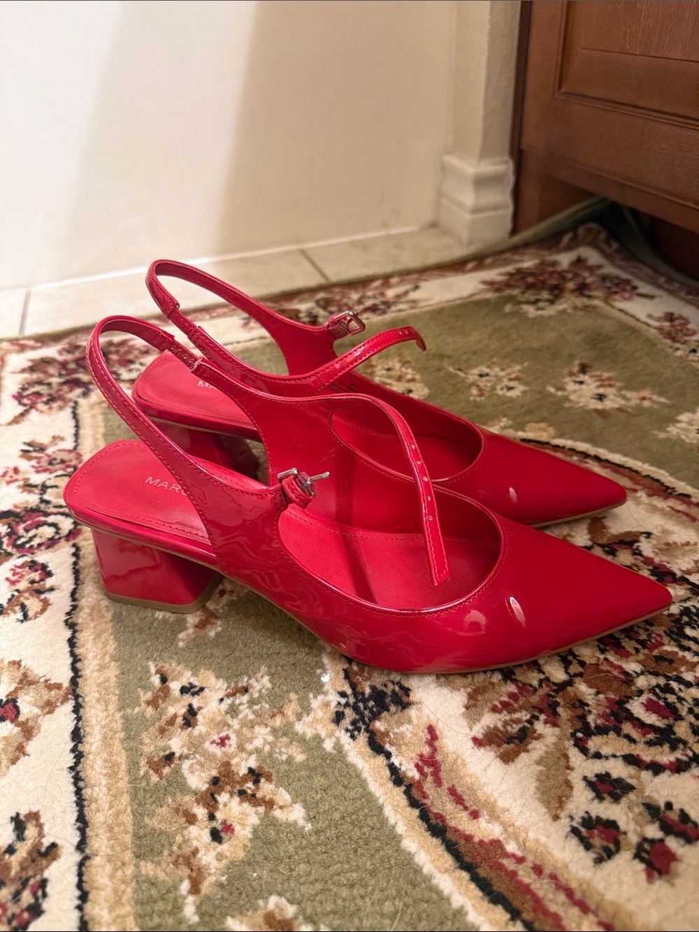 Marc Fisher Red Patent Slingback Pointed-Toe Block Heels